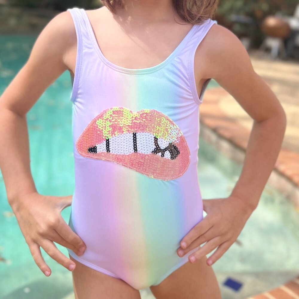 NWT STELLA COVE Rainbow Tank Swimsuit with lip sequin applique size 2T